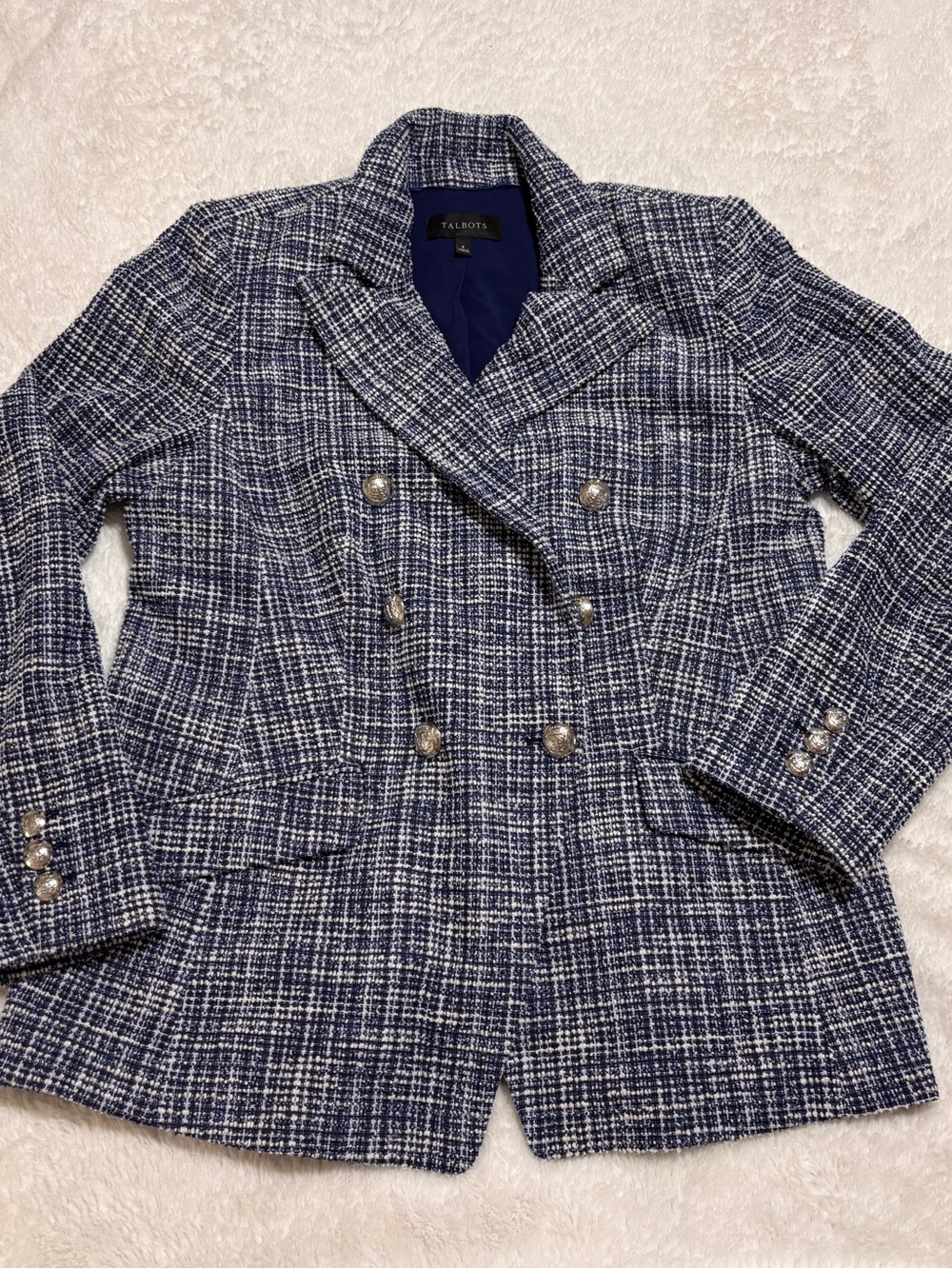 Talbots Navy Plaid Double-Breasted  Blazer Size 8 EUC